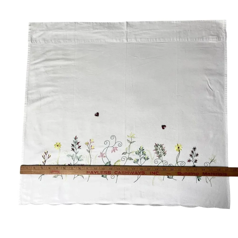 Pair of Embroidered Floral Cafe Curtains White Cotton Ladybug French Country
